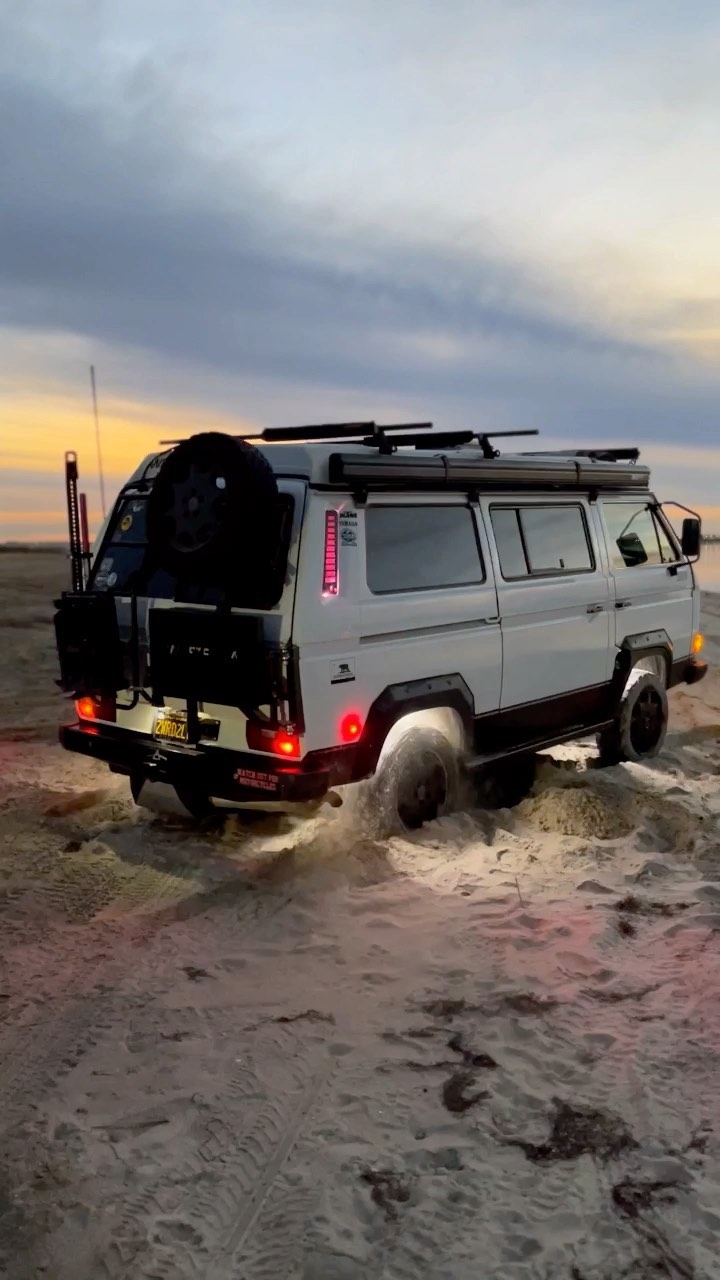 Rear view of the Westfalia in sandy terrain