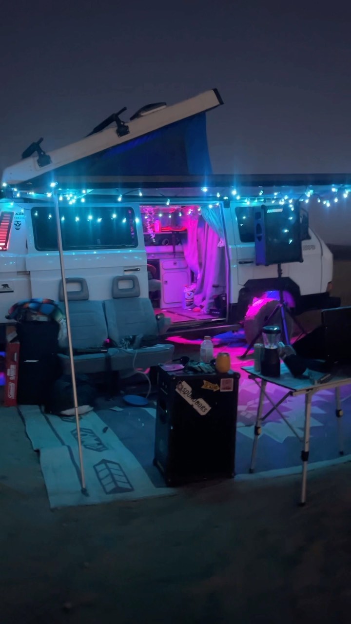 Warm interior camp lighting inside the Westfalia