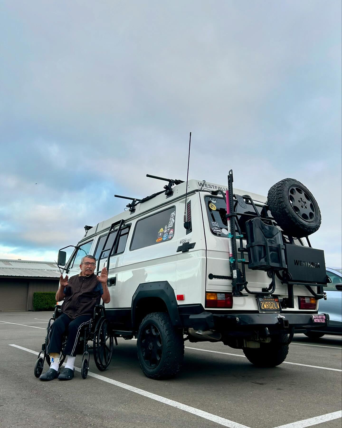Rear view of the Westfalia with bike rack and spare tire